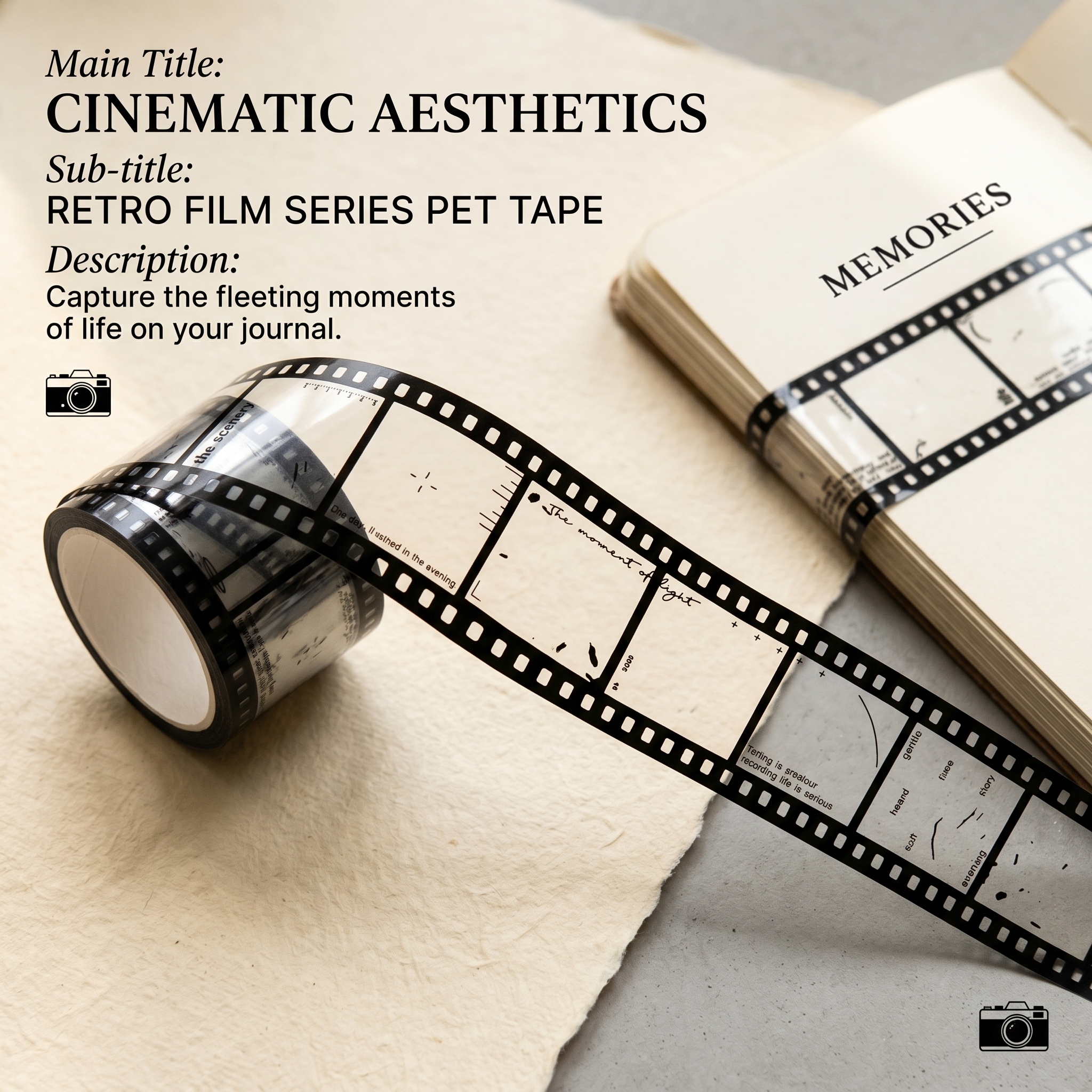 TEMU 1 Rolle selbstklebender PET-Folienstreifen Washi-Tape, geeignet für Journaling, Scrapbooking, Bastelarbeiten – Retro-Filmspule mit 35 cm