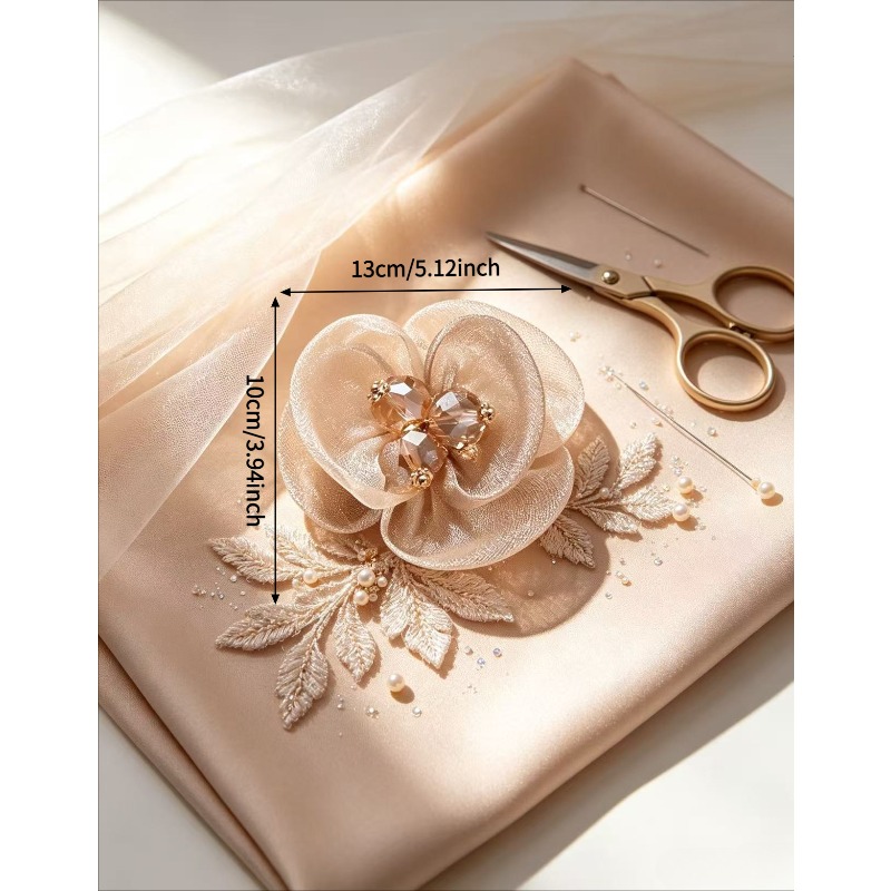 TEMU Parches bordados de flores de gasa champán, pedrería, de cuentas cosidos a , suministros de decoración para vestidos de noche de boda