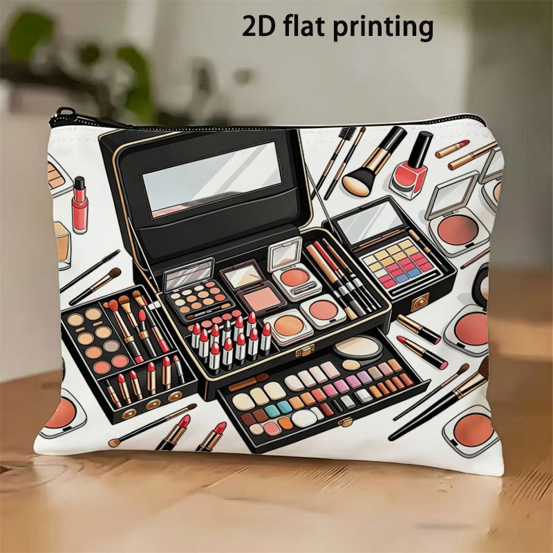 TEMU 2d Flat Printing White Background With Mirror Makeup Gift Box Beauty Tool Pattern Zippered Storage Bag Back-to- Office Storage Supplies Desktop