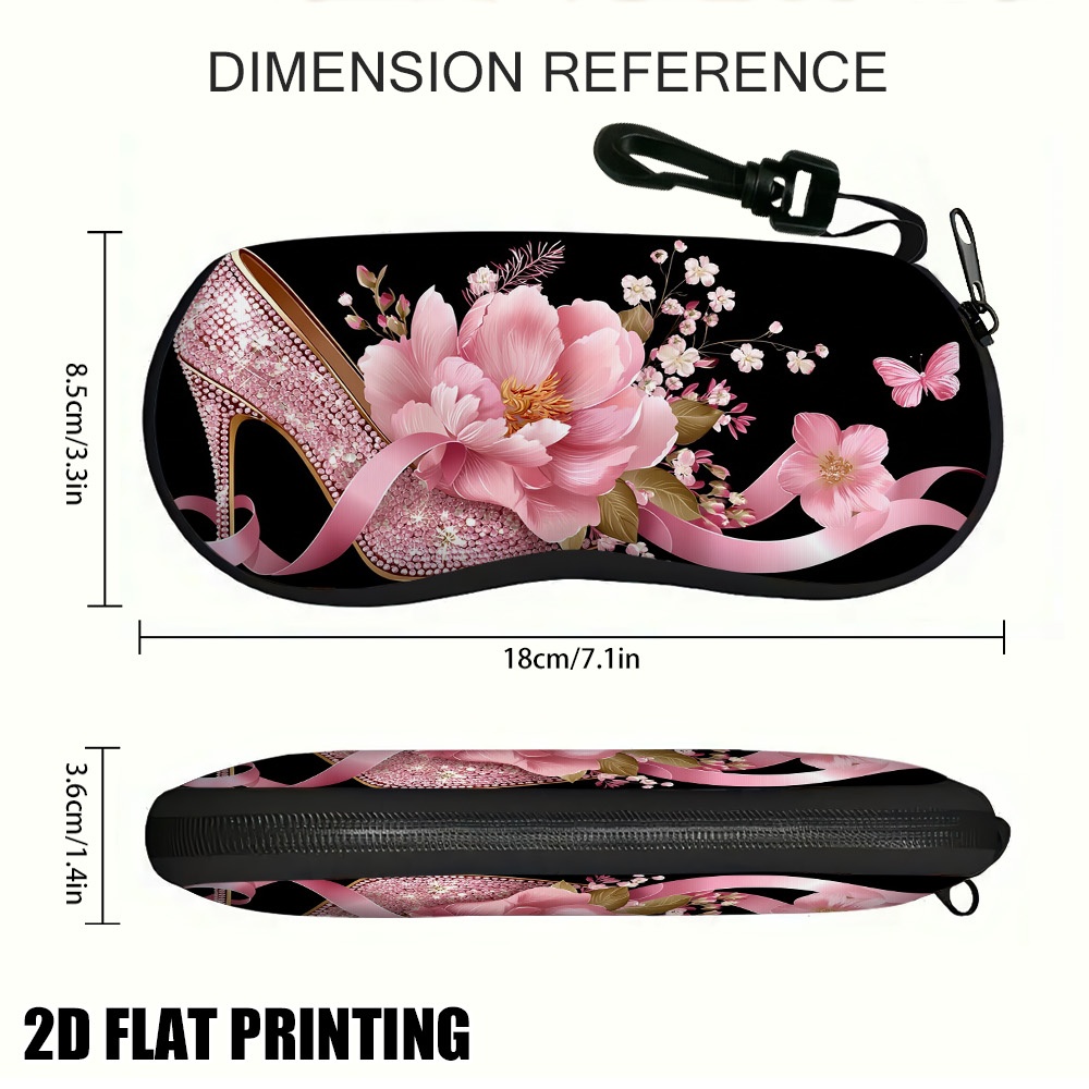 TEMU Étui à lunettes plat 2D, 1 pièce, à fermeture éclair, motif , papillon et talon rose, léger et tendance, pour les fêtes et les anniversaires,