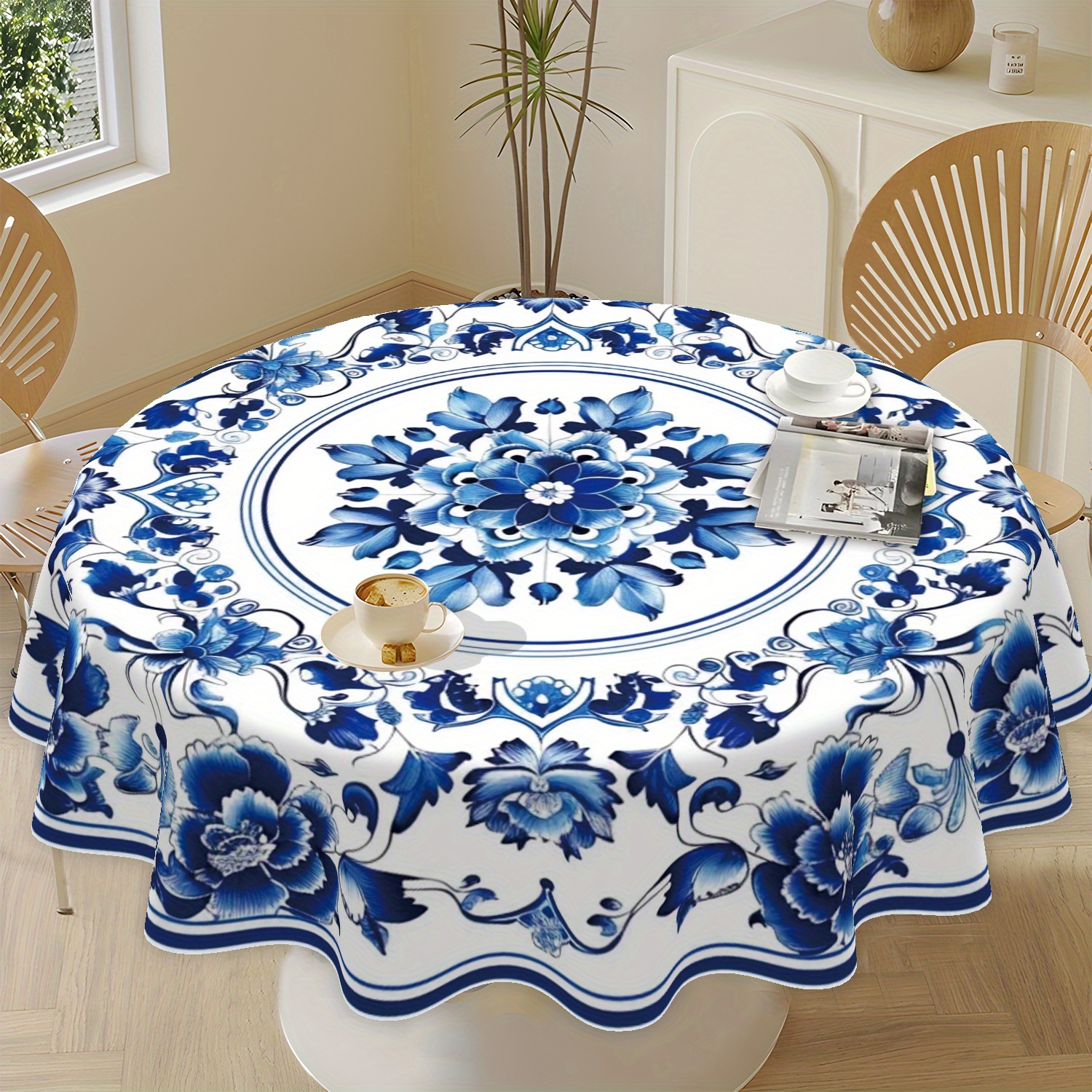 TEMU Vintage Blue Floral Round Tablecloth, 62 Inches - 100% Polyester Fiber, Machine Washable, Suitable For Dining Rooms, Kitchens, Picnics And Home