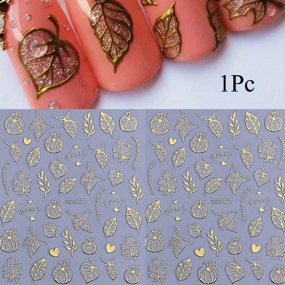 1pc 3d Glitter Fall Nail Stickers - Leaf & Pumpkin Leaf Designs With Sparkling Sliders, Self-lit Effect For Diy Manicure, Easy & Stick Autumn Leaf Patterns (plastic) - Decals For, Parties