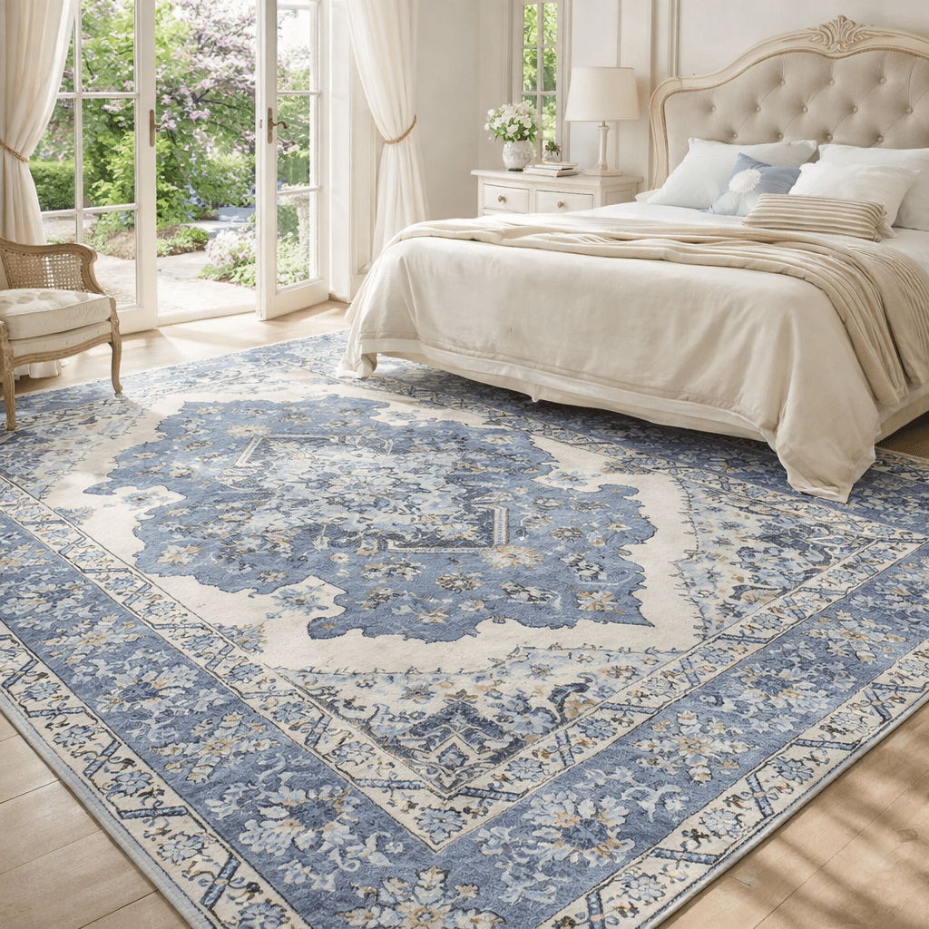 Image of Soft Plush Chenille Carpet Suitable For Living Room & Bedroom - Vintage Blue Non-slip Washable Rug, Thick Pile Machine Washable, Jumbo Rectangle Indoor Rug For Hallway, Entryway, Game Room, Fiber