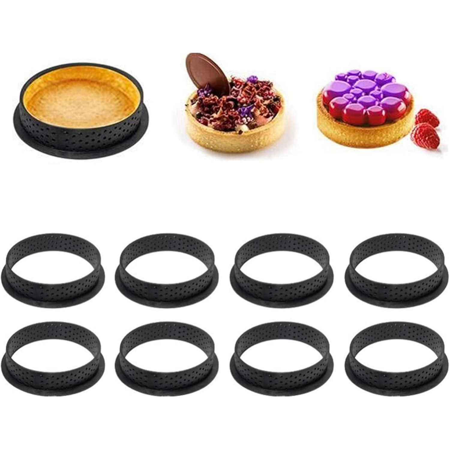 

8pcs Black Tart Rings Set - Perforated Round Cake Molds For Flawless Tartlets, Mousse & More - Oven Safe Plastic, Ideal For Weddings, Christmas & Valentine's Day Baking