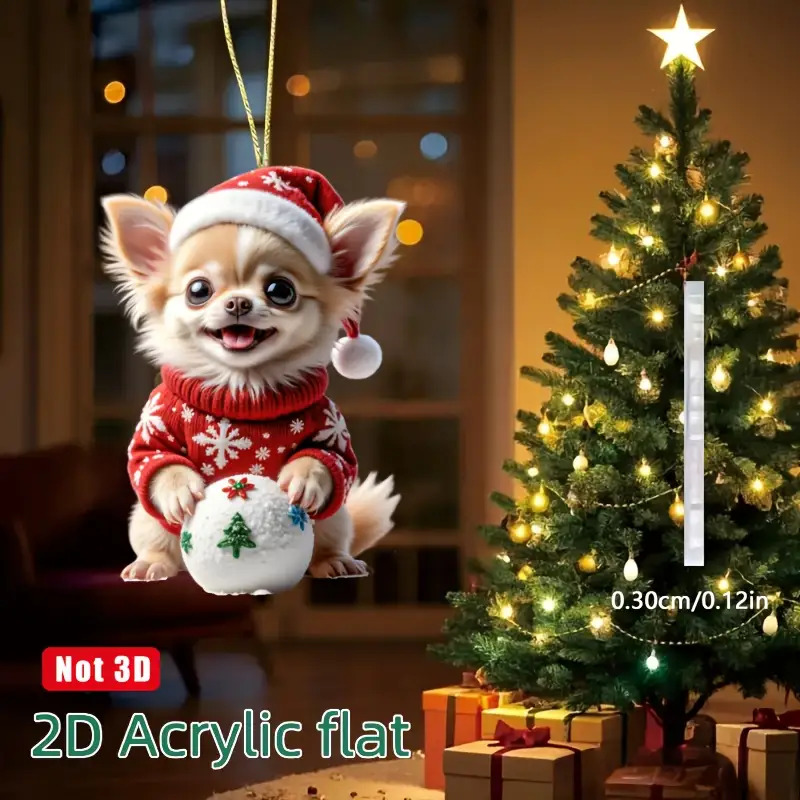 TEMU 2d Flat Design, A Chihuahua Christmas Tree Topper & Decoration - A Cute Chihuahua Puppy Wearing A Santa Hat And Sweater, Holding A Snowball, 2d
