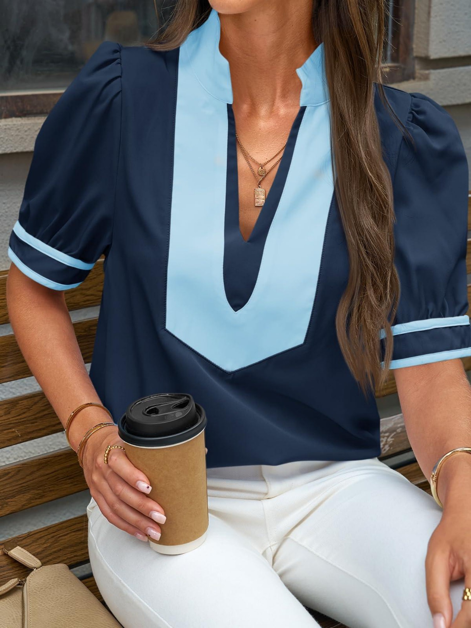 navy puff sleeve blouse sold on Temu United States
