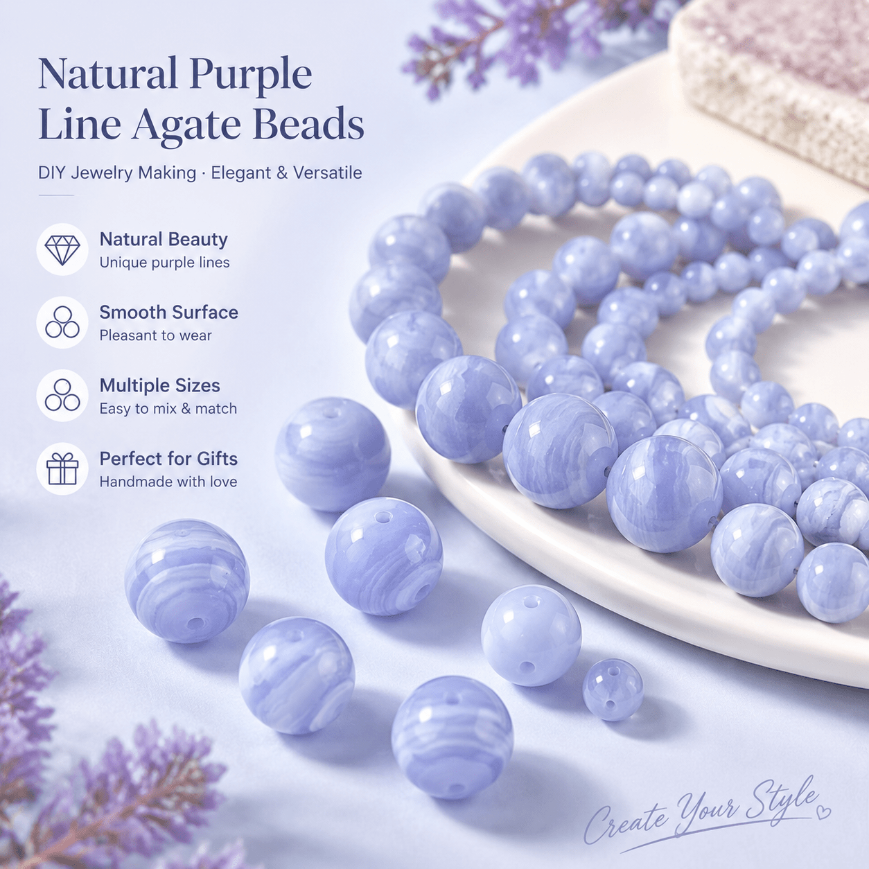 TEMU Perles d'agate veinée violette naturelle, perles d'espacement pour la fabrication de bijoux, bracelets, , boucles d'oreilles, perles