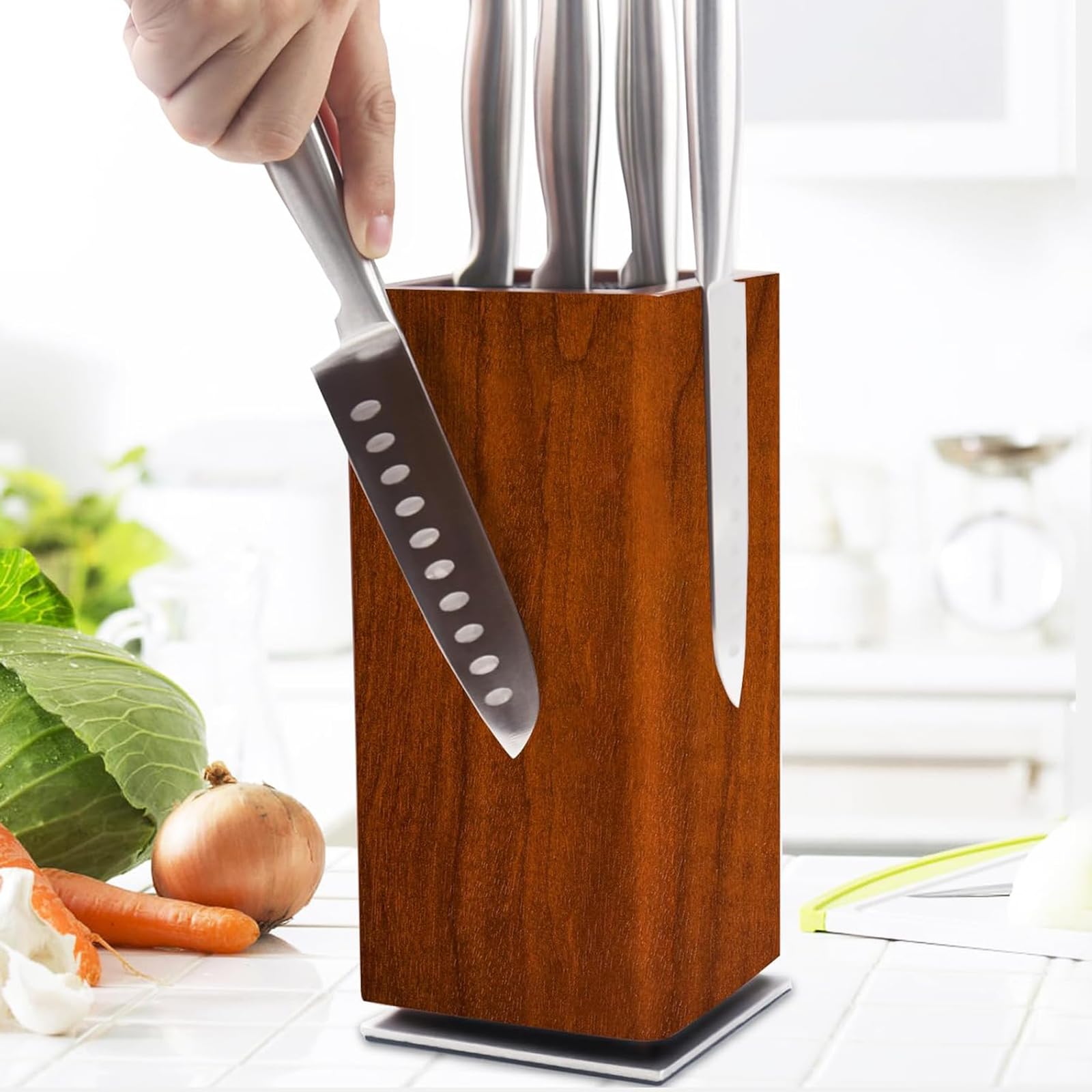 TEMU Magnetic Knife Block Made Of Thickened Acacia Wood, 360-degree Rotatable, Extra-large Capacity, Magnetic Knife Board With Drainage Hole, Knife