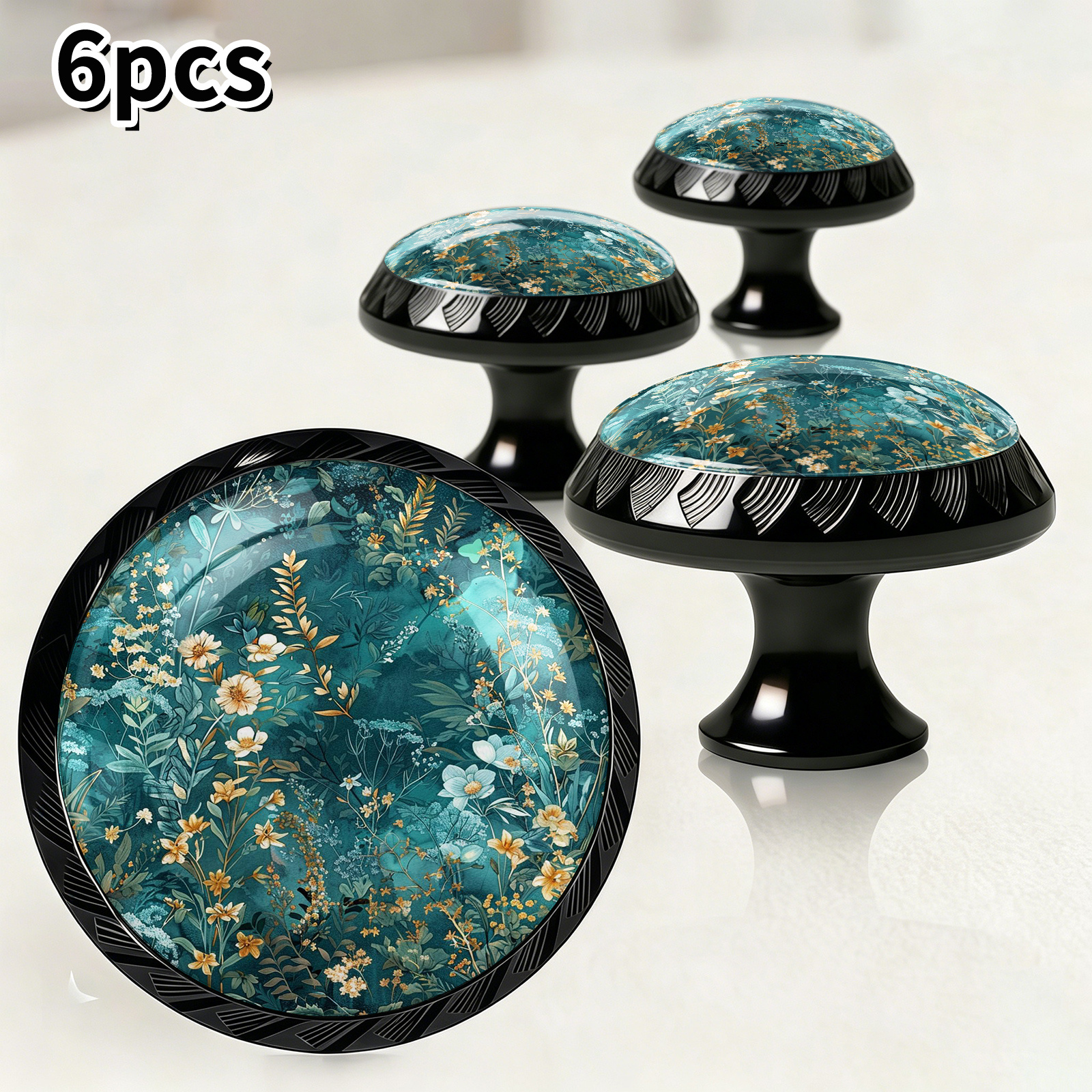 TEMU Pack Of 6 Crystal Glass Drawer Pulls 36mm, Teal Pattern Round Cabinet Knobs With Screws, Stylish Furniture Handles For Wardrobe & Cupboard