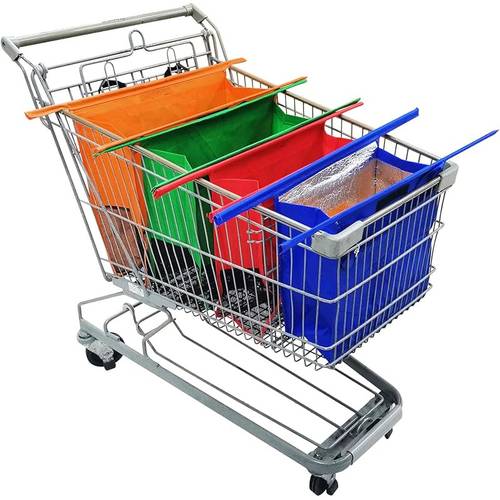مجموعة من 4 أكياس عربات قابلة لإعادة الاستخدام متوافقة مع عربات التسوق - أغطية عربات بلاستيكية متينة مع حقيبة تبريد وحاملات بيض ونبيذ، قاعدة عريضة مناسبة للتسوق، البيض، تخزين النبيذ، للاستخدام في الأسواق والسوبر ماركت (بدون مقبض)