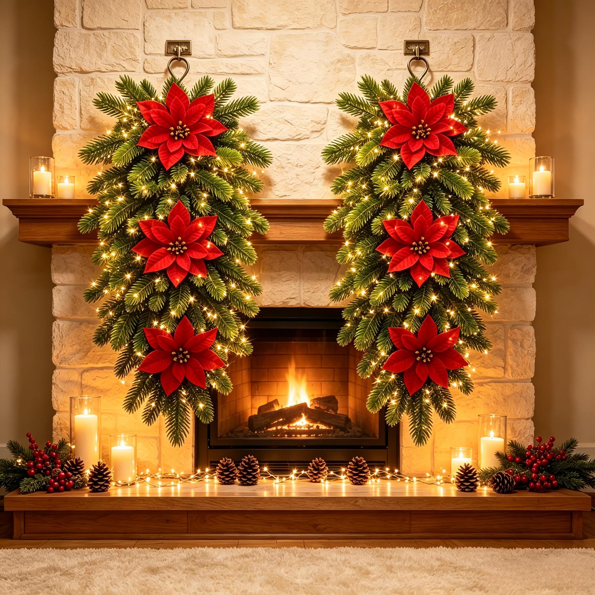 TEMU 2pcs 24-inch, Large Luxury Red Floral Cedar Hanging Decor, Contains 6 Extra Large Christmas Flowers, Perfect For Christmas Ornaments, New Year