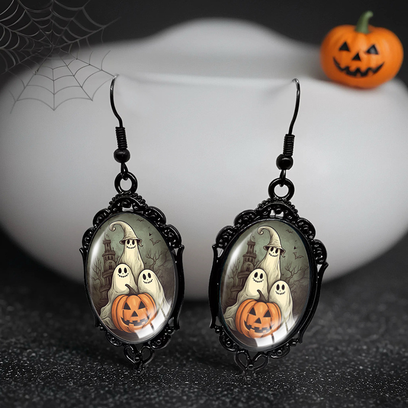 TEMU A Pair Of Handmade Oval Earrings Featuring Cartoon And Black Lace Pumpkins, Perfect As A Gift, Without Battery