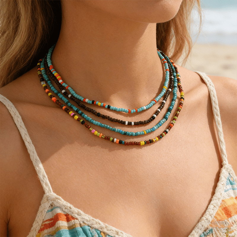 TEMU 4pcs Summer Bohemian Style Women's Fashion Choker Necklace, Creative Ethnic Mixed Seed Bead Beaded Necklace, Glass Material, Suitable For Women'