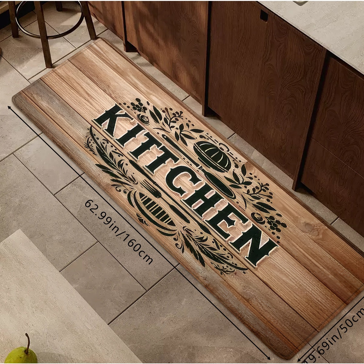 TEMU 1pc Vintage Industrial Plank Texture Kitchen Mat, "kitchen" Letter And Utensil Print Non-slip Absorbent Long Runner Rug, Easy To Clean And