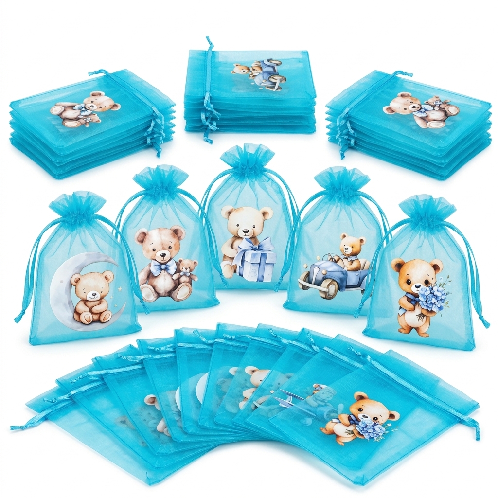 TEMU 24pcs Random Cartoon Bear Organza Gift Bags Drawstring Favor Pouches Sheer Mesh Candy Jewelry Packaging Sacks With Ribbon Cinch For Baby Shower