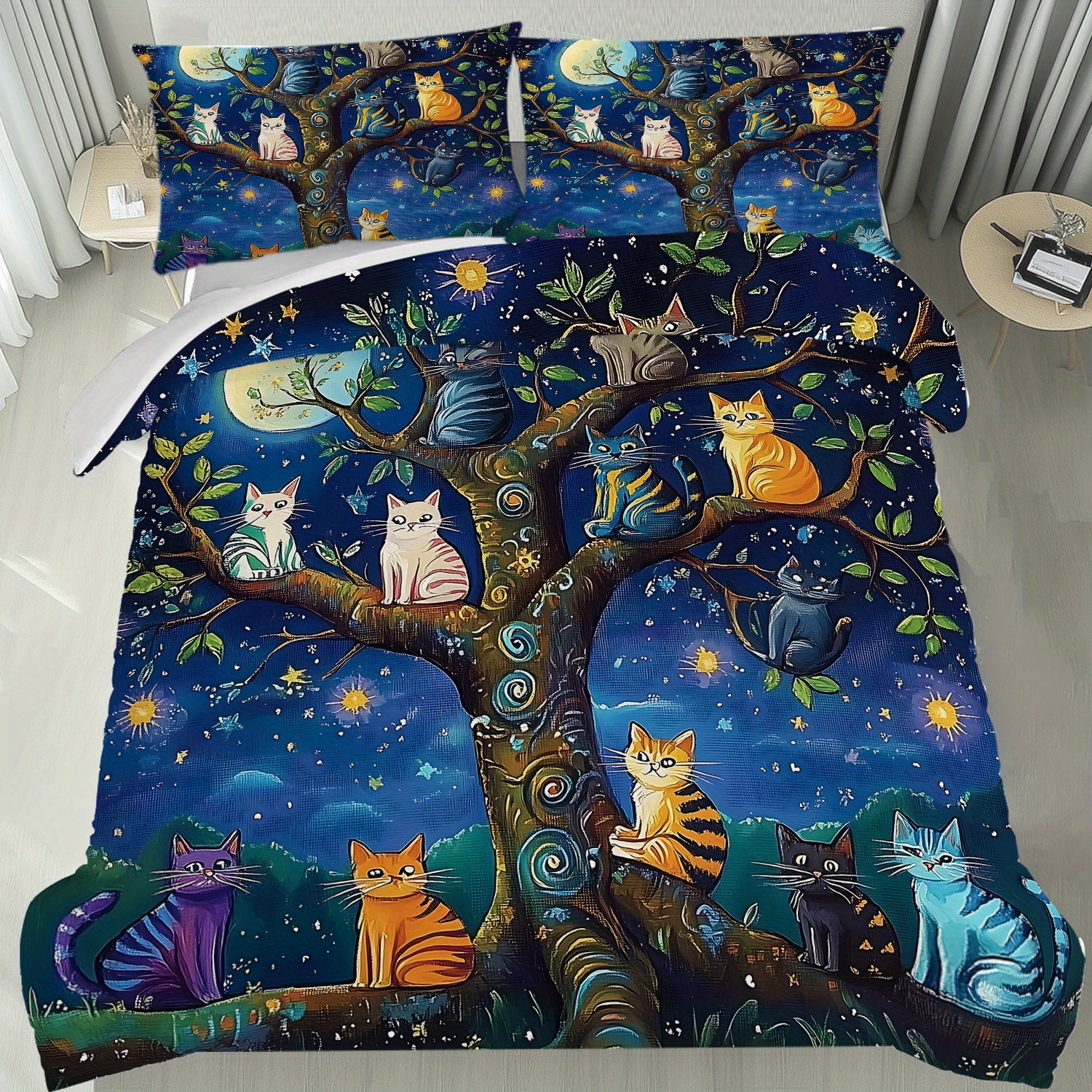 TEMU 2/ 3pcs Colorful Cats Perched On Tree Under A Duvet Cover, Full Size Charmingly Whimsical Comforter Set, All Season Bedding Comforter Sets, Bed