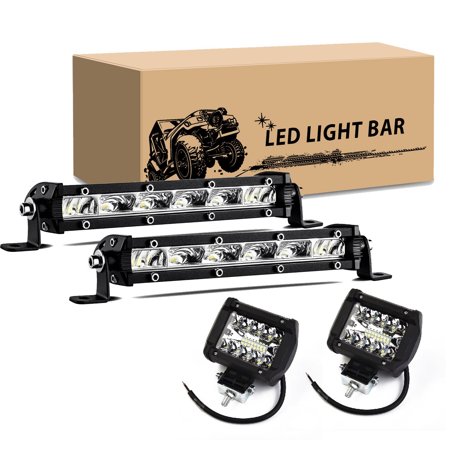 2pcs 7inch Long Strip 6 Led Work Light + 2pcs 4inch Car Light For Car Trucks Vehicles Utvs Off Road