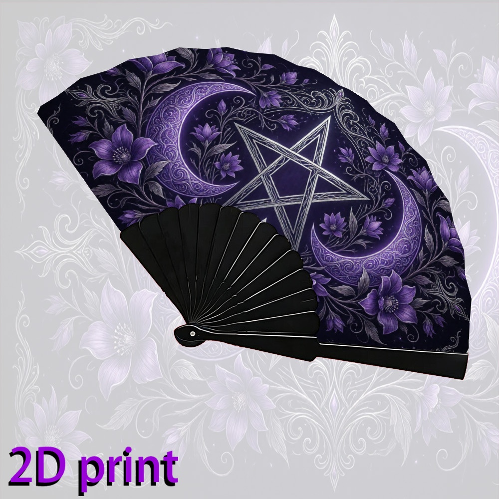 TEMU A Foldable Handheld Fan Suitable For Men And Women, Featuring A Mysterious Pentagram And Floral Decorative Pattern, Is Lightweight And Portable,