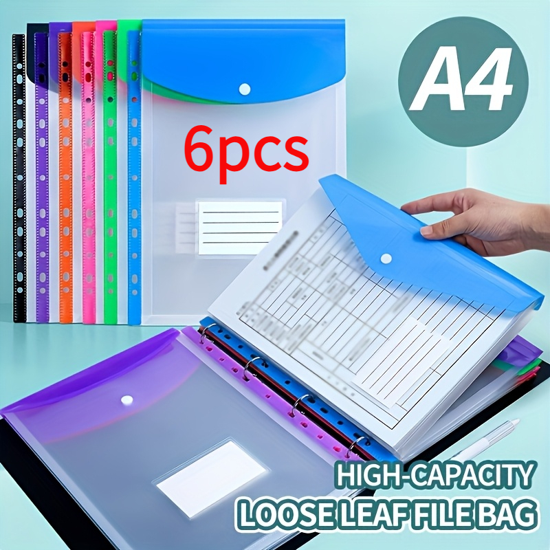 6pcs of A4 large-capacity loose- , durable PP material+ expansion button+ label pocket,   storage at school, home, work, and travel
