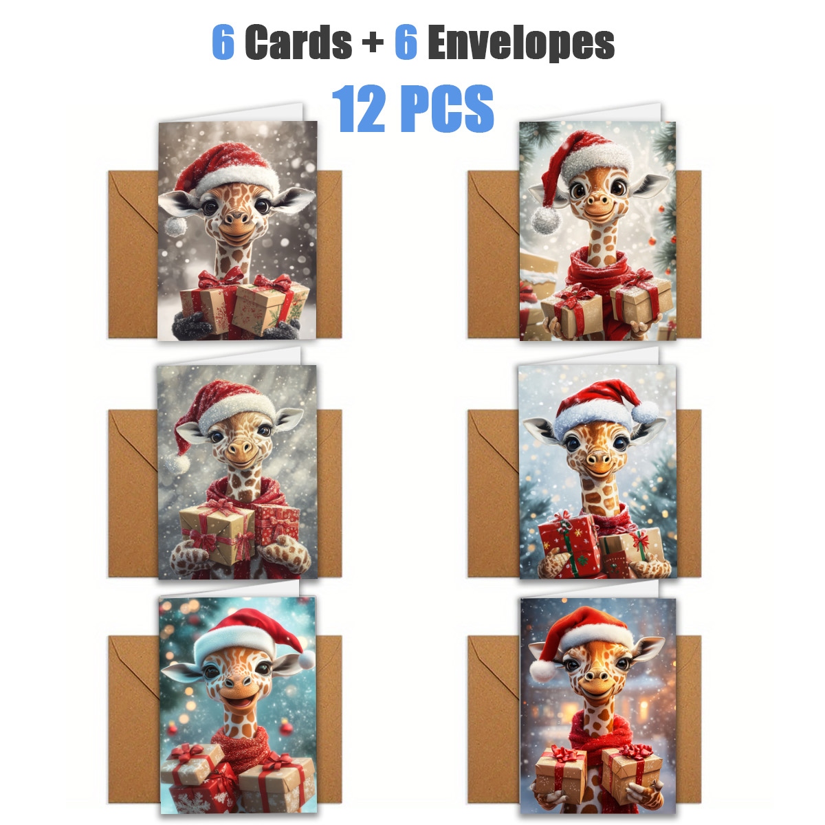 TEMU 1 set/ 12 stuks/ 24 stuks Kerstkaarten met giraffen in kerstmutsen en cadeaus | Inclusief enveloppen, wenskaarten | Perfect voor verjaardagen,