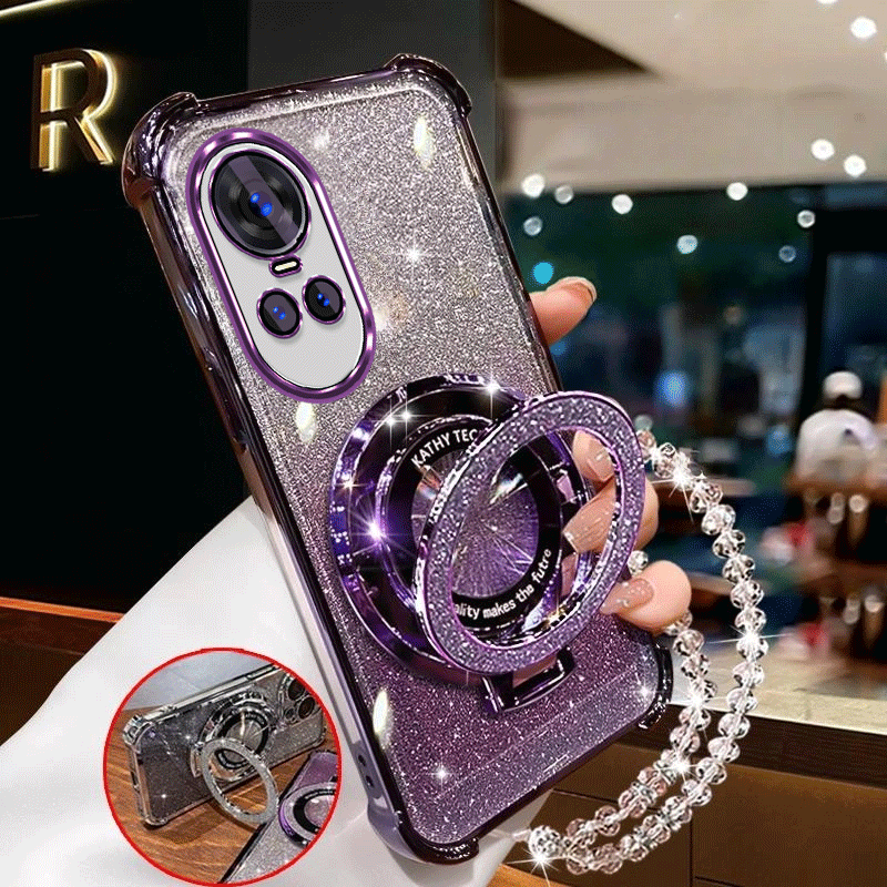 TEMU Case For Reno10 Pro Oppo Phone Case Reno 10 Full Coverage Plating Anti Drop Shockproof With Bracelet Suction Magnetic Holder Glitter Luxury Soft