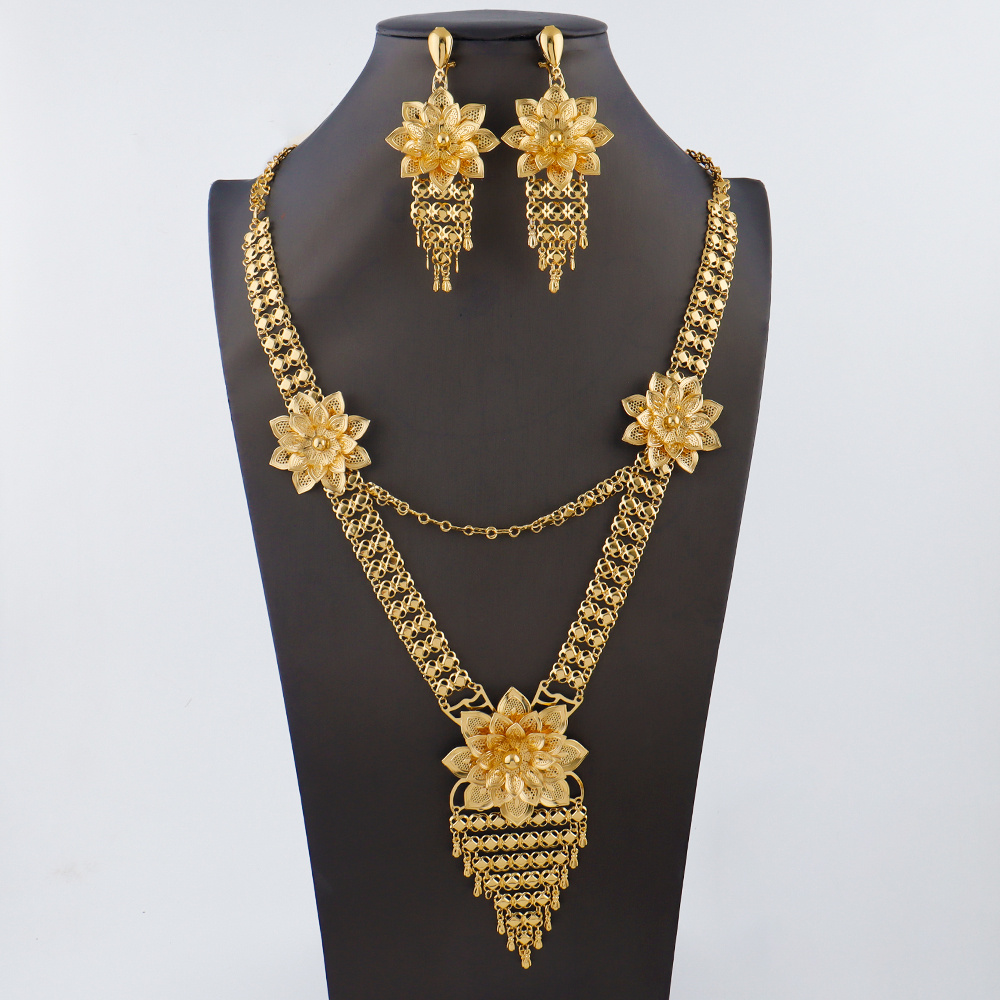 TEMU [Bijoux Saoudite] Ensemble collier et boucles d'oreilles à franges florales multicouches de luxe plaqué or 24K pour femmes, design de fleur 3D ,
