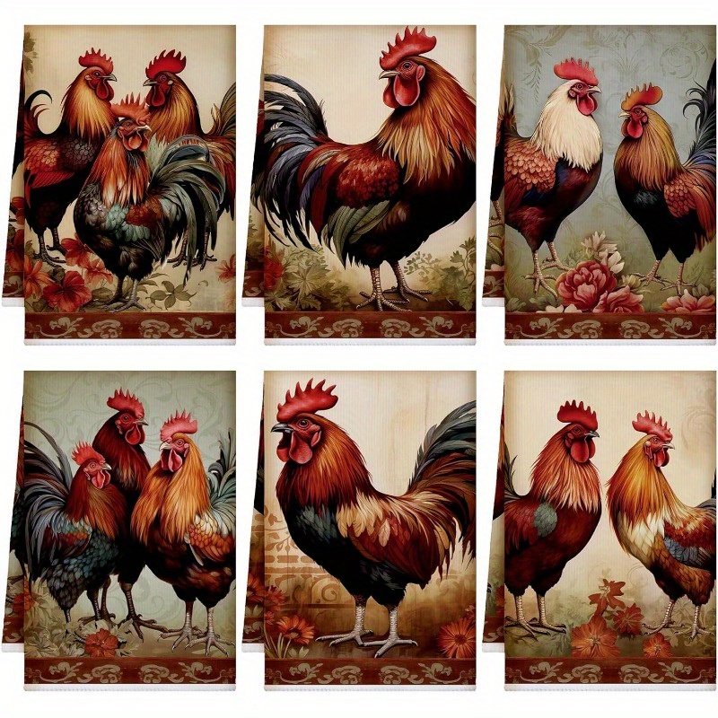 

6-pack Farmhouse Rooster Kitchen Towels, 18x26 Inch, Super Soft Polyester, Machine Washable, Contemporary Woven Towels With Rust , Multi- Character Themed Gift Towels For Home & Holiday