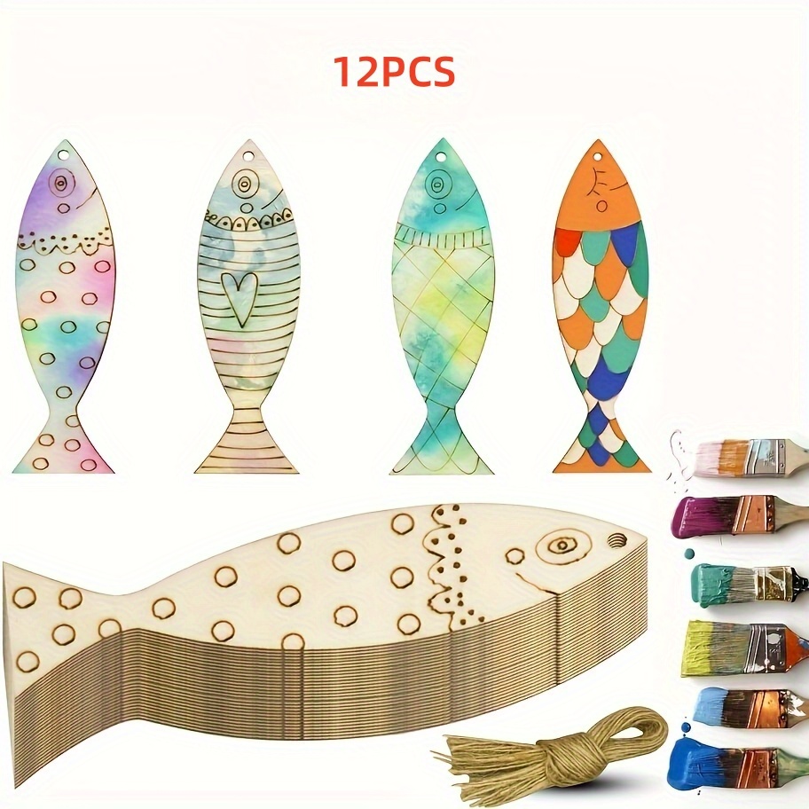12pcs wooden fish shaped chips natural wood hanging ornaments for marine animal theme parties home holiday decor blank wood chips for diy   displays   needed   decorations oceanthemed decor earthy tone decor