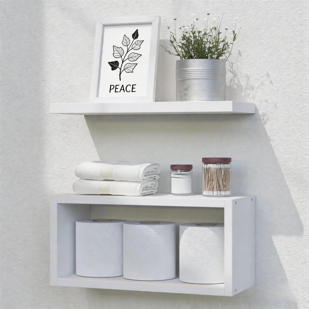 Image of Floating Shelves Bathroom, White Floating Shelves For Wall, Above Toilet Bathroom Shelves, Wall Mounted Hanging Shelves For Bedroom, Kitchen, Living Room Decor