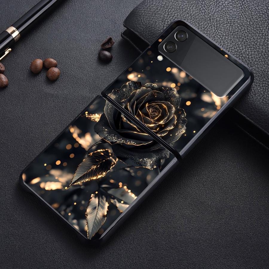 TEMU Phone Case - Black Golden Rose Hard Back Cover Phone Case Suitable For For Galaxy Z Flip 7 6 5 4 3 Z Fe Z Flip4
