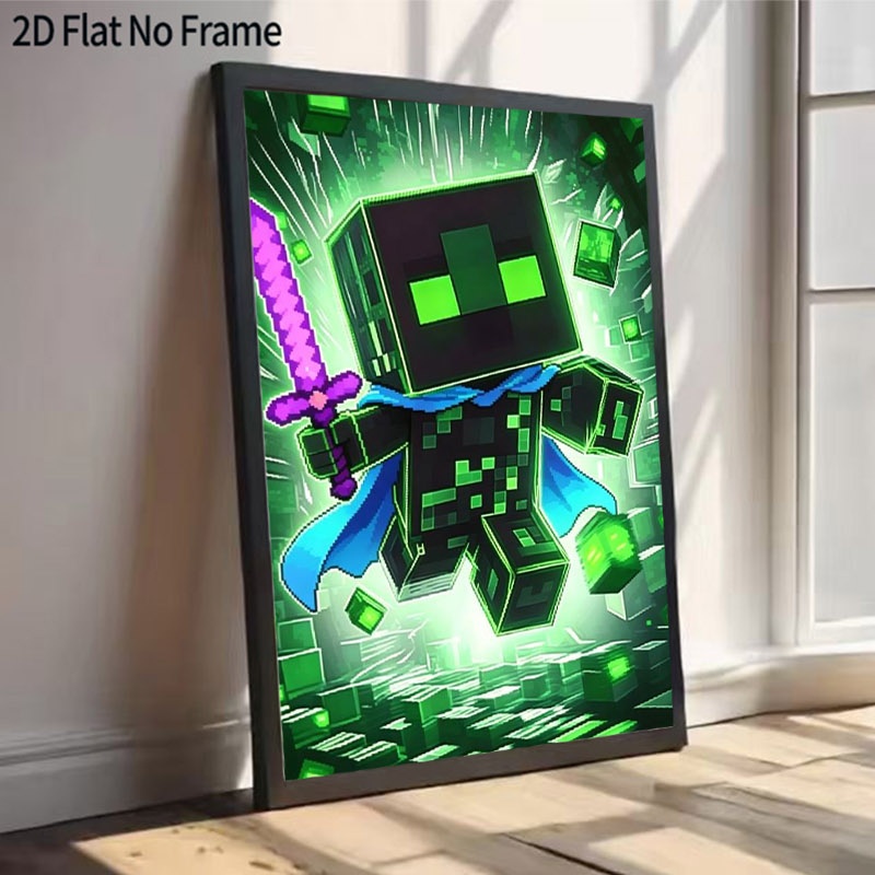 TEMU Affiche imprimée sur toile cadre, style dessin animé pixélisé vert vibrant 2D plat, disponible en plusieurs tailles, décoration murale de style