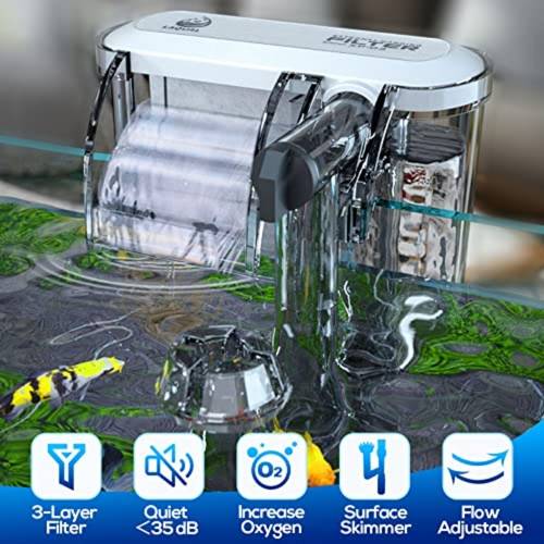 10 gallon aquarium filter featuring a surface skimmer designed for small fish tanks with a 3 layer filtration system adjustable and a waterfall design to enhance oxygen levels this hang on back filter operates and