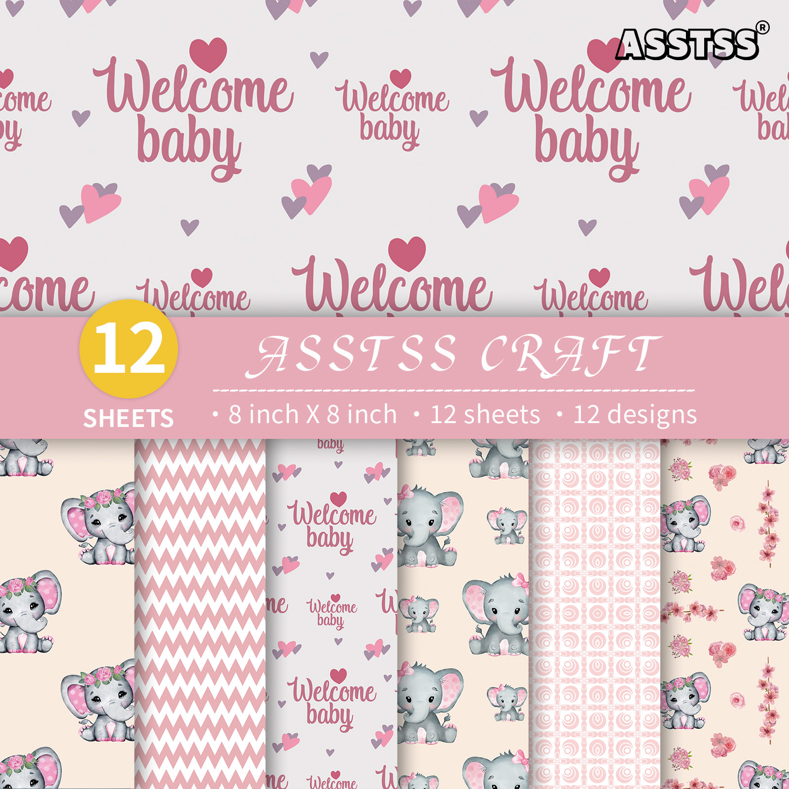 TEMU 12-sheet Asstss Heavyweight Scrapbooking Paper Pad Suitable For Journaling, Collage Art, Greeting Cards & Crafts - Pink Elephant Style With