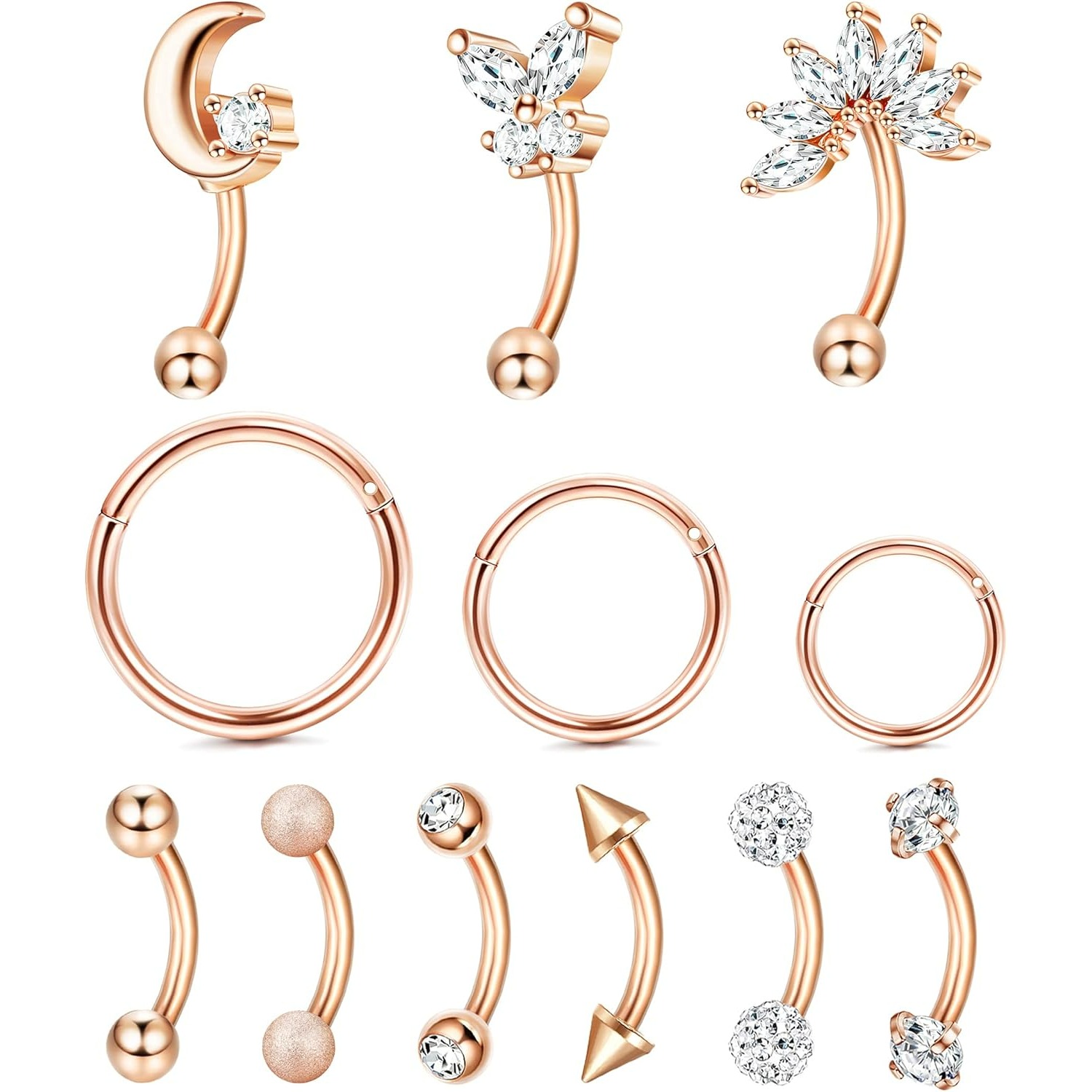 Image of 12pcs Rook Piercing Jewelry Eyebrow Rings Stainless Steel Belly Lip Ring Cartilage Hoop Rook Daith Earrings Tragus Body Piercing Curved Barbell