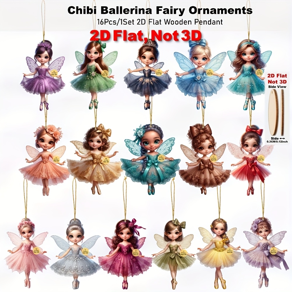 TEMU 2d Flat, 16pcs Ballerina Fairy Decorations - Q-version Miniature Ballet Dancer Figures With Artificial Hanging Pendants, Suitable For Christmas