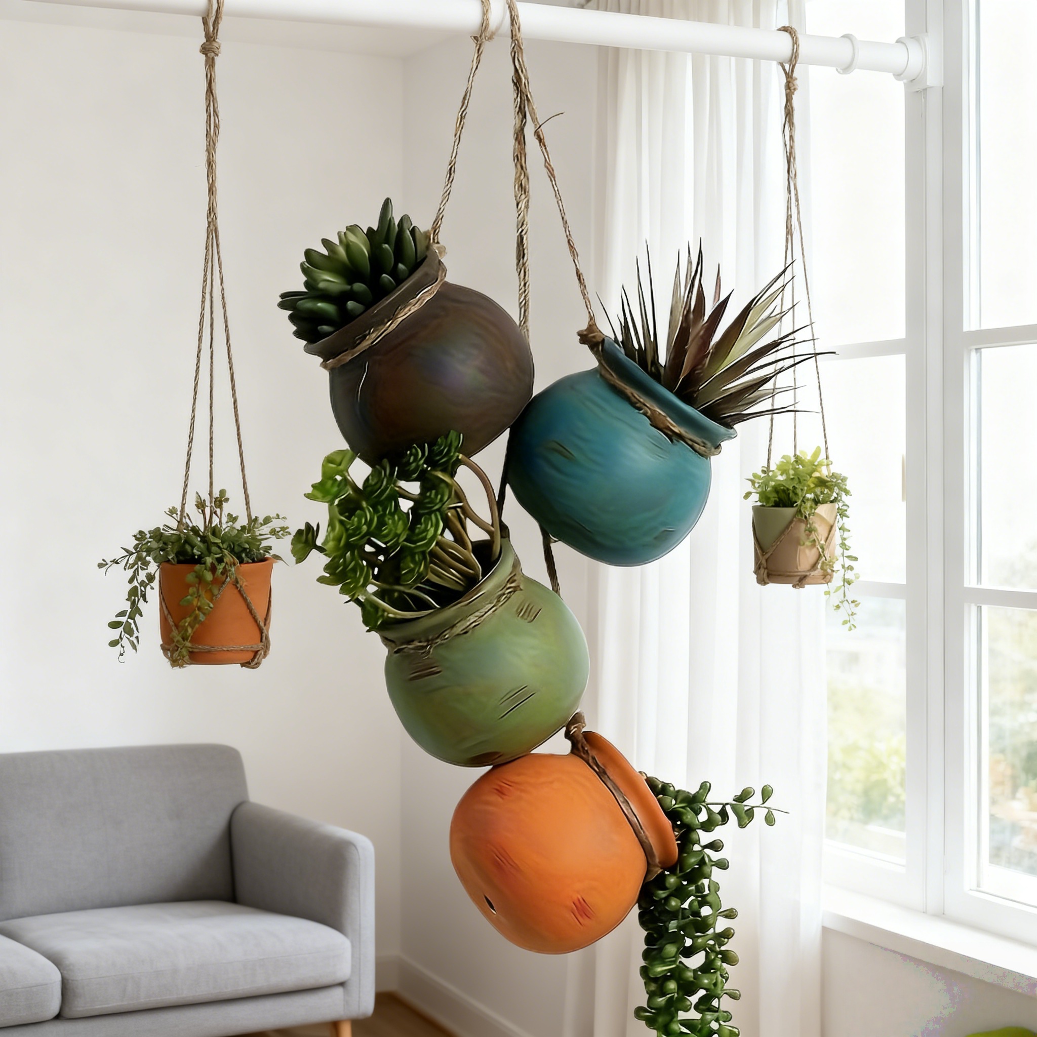 TEMU 5pcs Bohemian Geometric Hanging Planter Baskets Set, Lightweight Porcelain Flower Pots With Drainage And Hemp Rope, Indoor Outdoor Wall Window