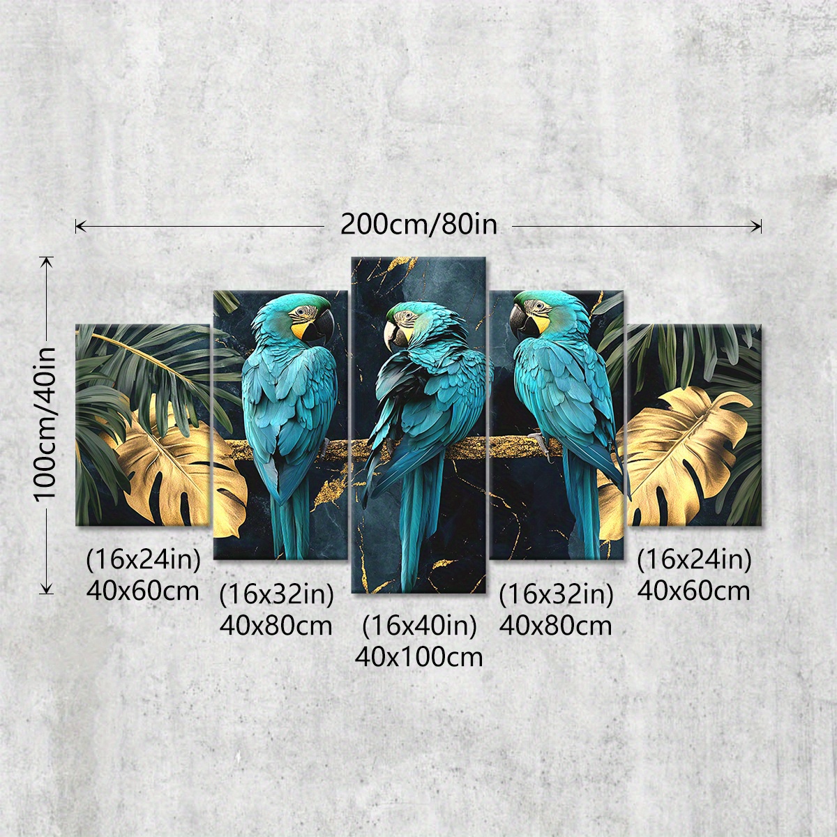 TEMU Affiche sur toile encadrée en bois 2D, 5 pièces/ensemble, Art des oiseaux, Perroquets exotiques, Perroquets sur branche d'arbre doré, Peinture