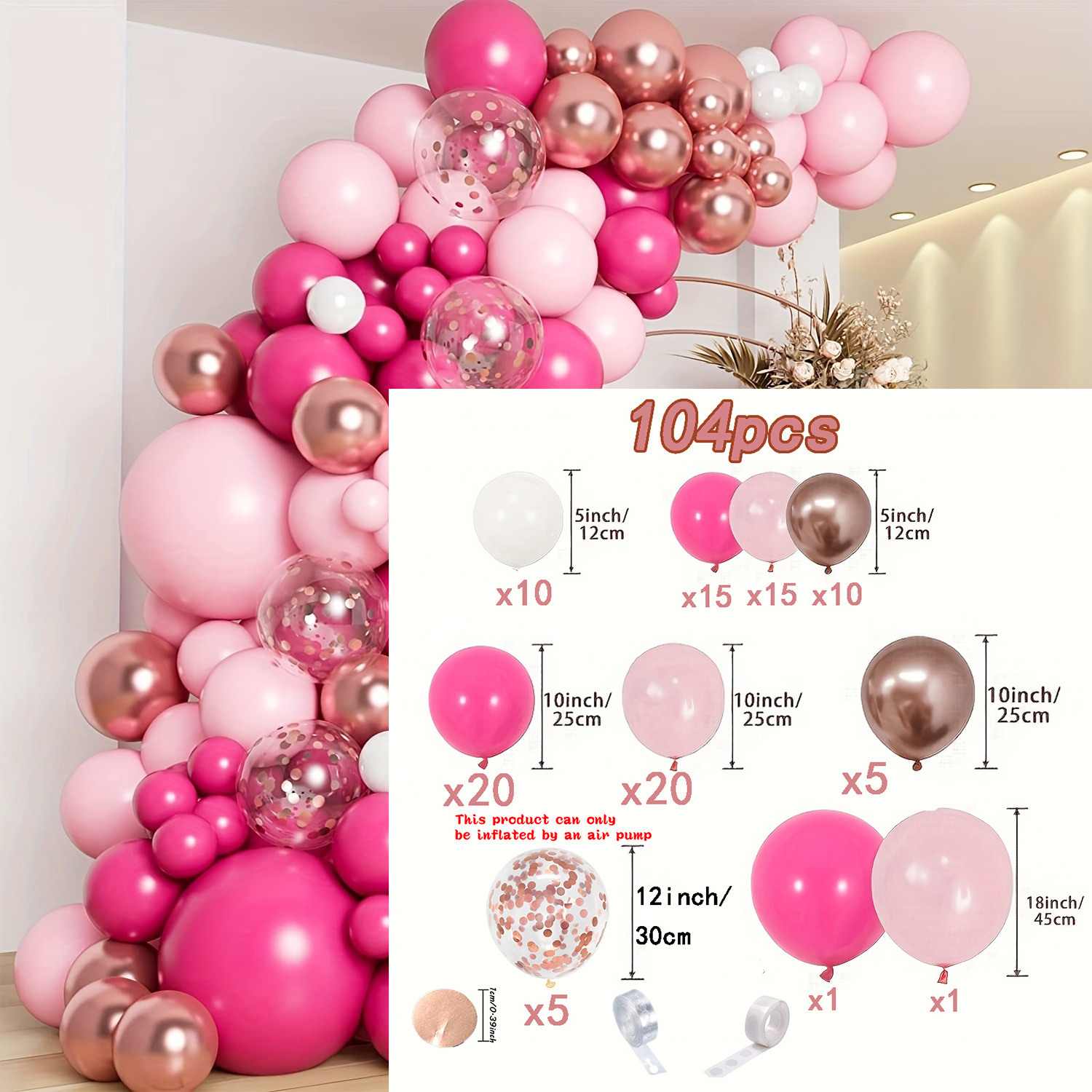 TEMU Kit di palloncini rosa da 104 pezzi con palloncini di confetti rosa , e oro per decorazioni a tema compleanno, matrimonio, San, decorazioni di