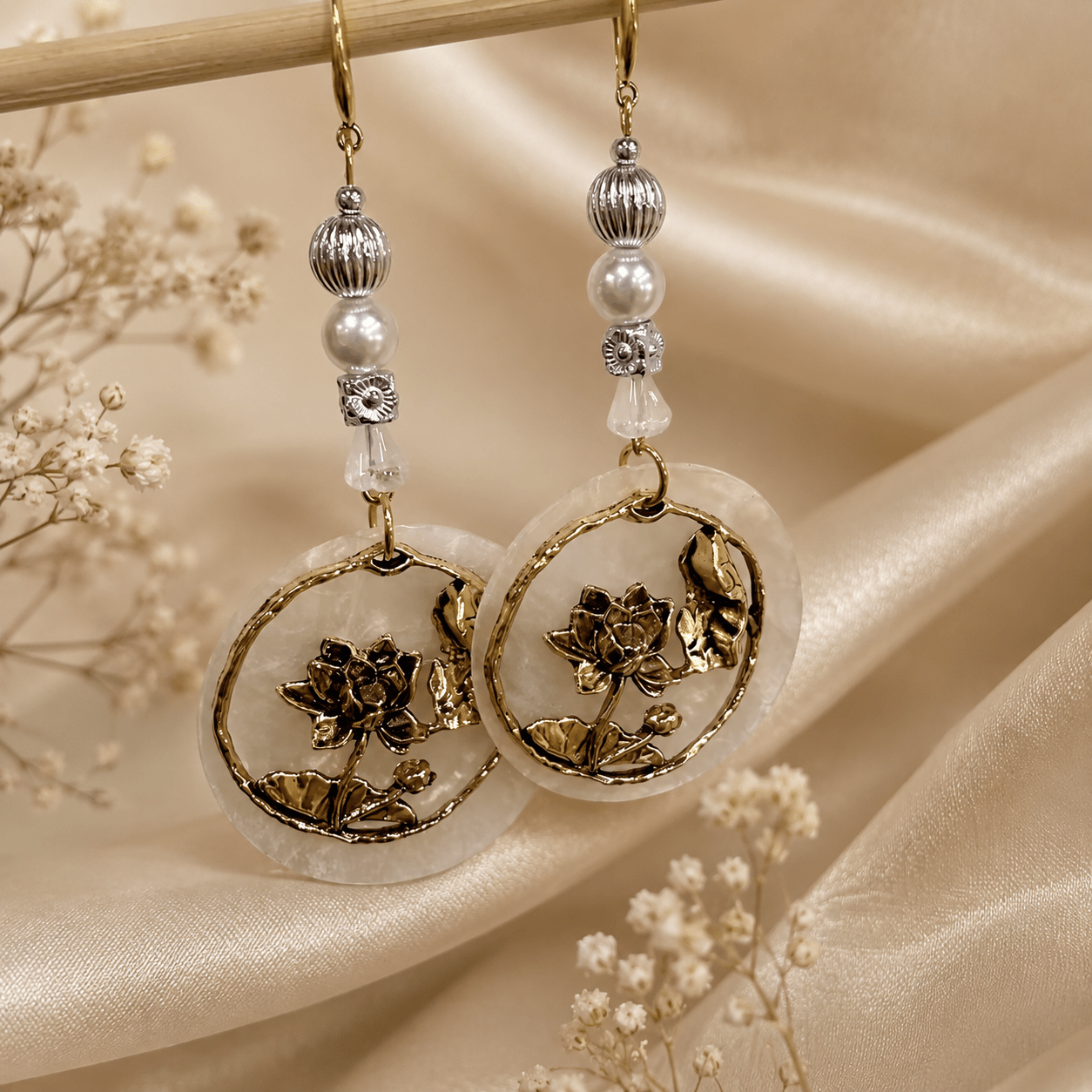 TEMU Vintage Floral Drop Earrings For Women, Alloy Flower Charm With Faux Pearl And Resin Disc Dangle Earrings, Retro Elegant Statement Jewelry, Boho