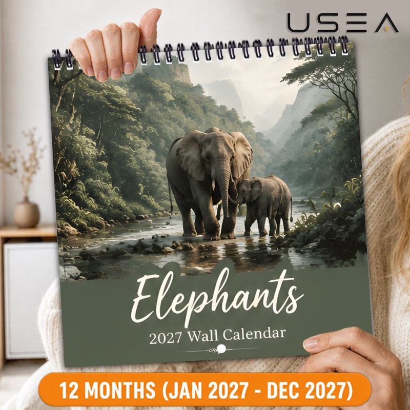 TEMU Calendrier mural 2027, Calendrier mural 2027, Calendrier suspendu 12 mois Éléphants de , Reliure spirale à double fil, Grands blocs d'écriture,