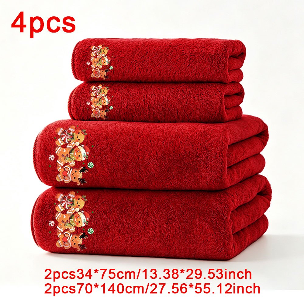 TEMU 4pcs Set Of Christmas Patterned Towels, 2pcs Hand Towels And 2pcs Bath Towels, Snowman/gingerbread Man Coral Fleece Soft Non-shedding, Face
