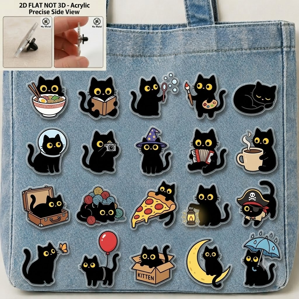 TEMU 2d Flat, 2d Flat Not 3d 20pcs Set Fun Black Cat Brooch Badge Pins, Manga-style Black Cat Pins, Cartoon Acrylic Pin Badges With Silicone Back