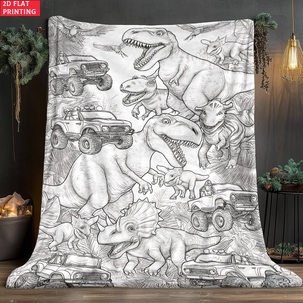TEMU 2d Flat 1pc Dino Scene Sketch Ultra Soft Lightweight Flannel Blanket-cozy Warm Throw For Camping Travel, Holiday Gift For , Use On Sofa Bed