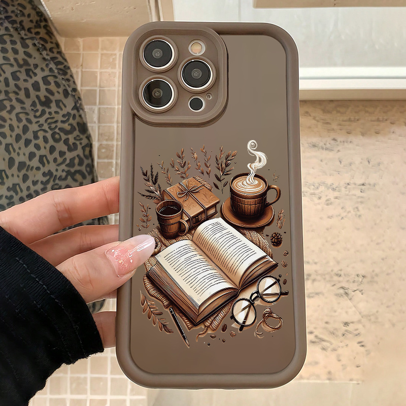 Trda zaščitna ovijalka za telefon: Izdelek je 2D slika, ne 3D slika. Rjava knjiga, kava, očala, kreativna TPU odporna proti padcem, popolna