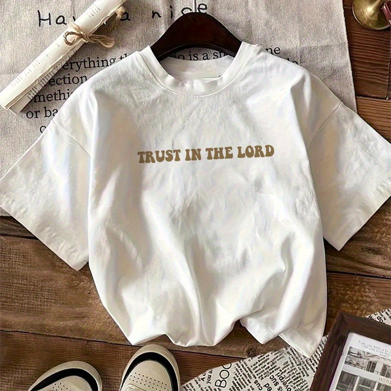 Girls' Short-Sleeve T-Shirt - 100% Cotton Relaxed Fit Casual Top with Inspirational Bible Verse Print (Proverbs 3:5-6) - Breathable Summer Tee for Teens, White with Golden Lettering, Machine Washable, Summer Casual Wear | Geometric Print Tee | 100% Cotton Shirt