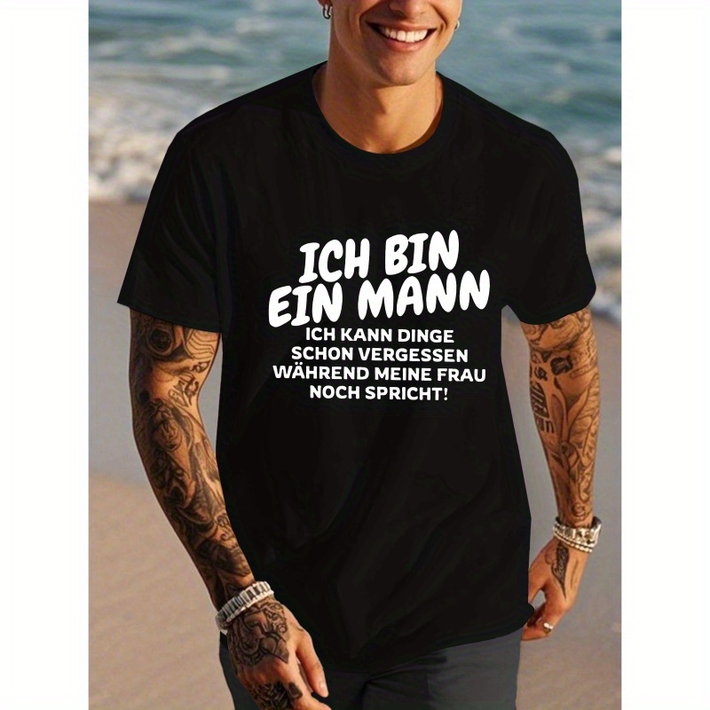 

Men's Casual German Quote T-shirt - Black Polyester, Short Sleeve, Round Neck, Machine Washable Summer Top With Geometric Print