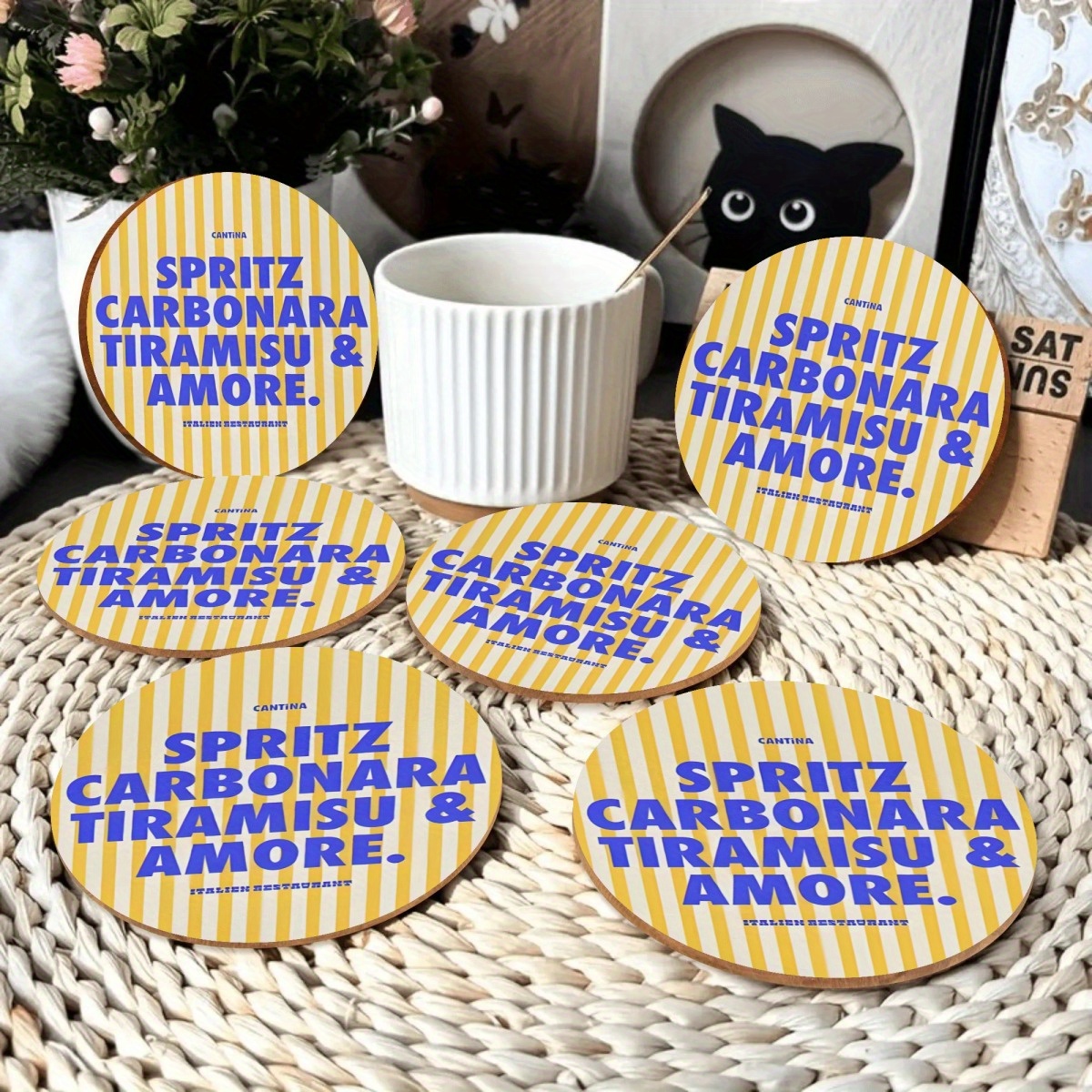Image of 6pcs Set Of Spirits Tiramisu & Amore Coasters - Vintage Yellow And White Round Drink Mats Featuring Italian-themed Designs, Perfect For Home Decor, Birthday Gifts, And Tabletop Protection