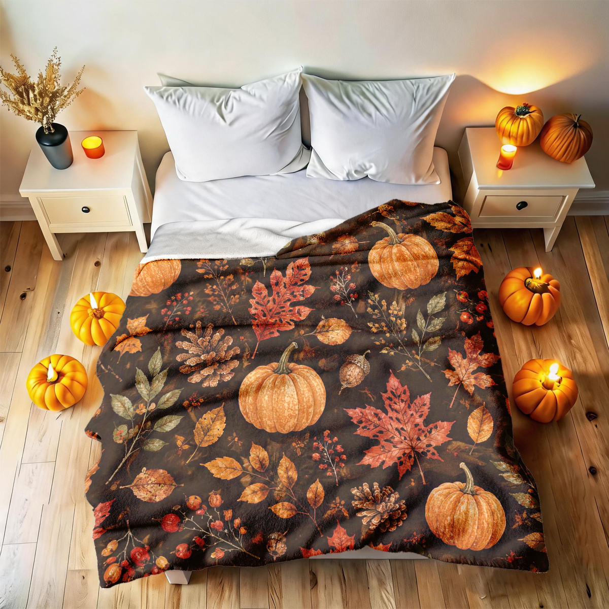 TEMU [2d Flat Printing] 1pc Black Background Berry Pumpkin Maple Leaf Retro Autumn Theme Flannel Blanket - Large Size, Soft, Lightweight, And Warm,