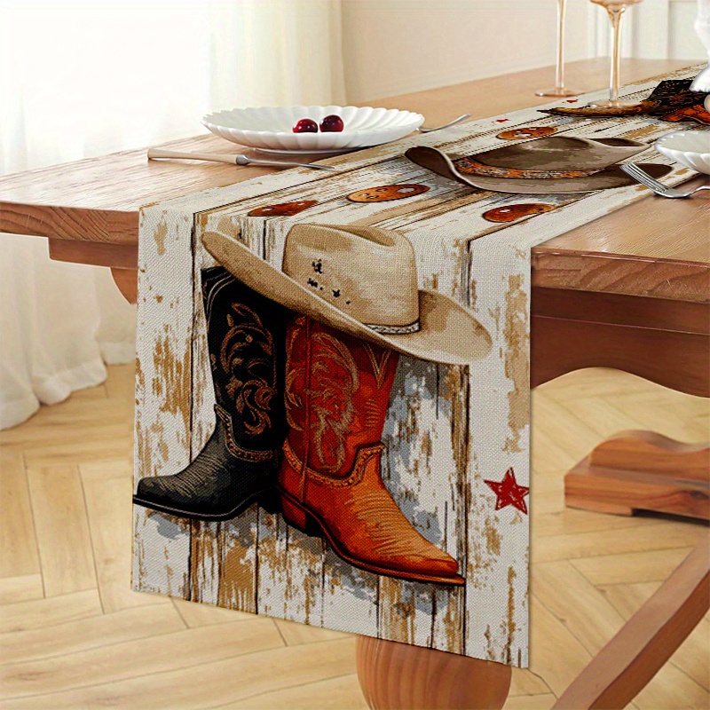 TEMU 1pc Western-style Table Runner With Cowboy Hat & Boot Design - Rustic Polyester Fabric, Ideal For Country-themed Parties & Home Decor, Mother's