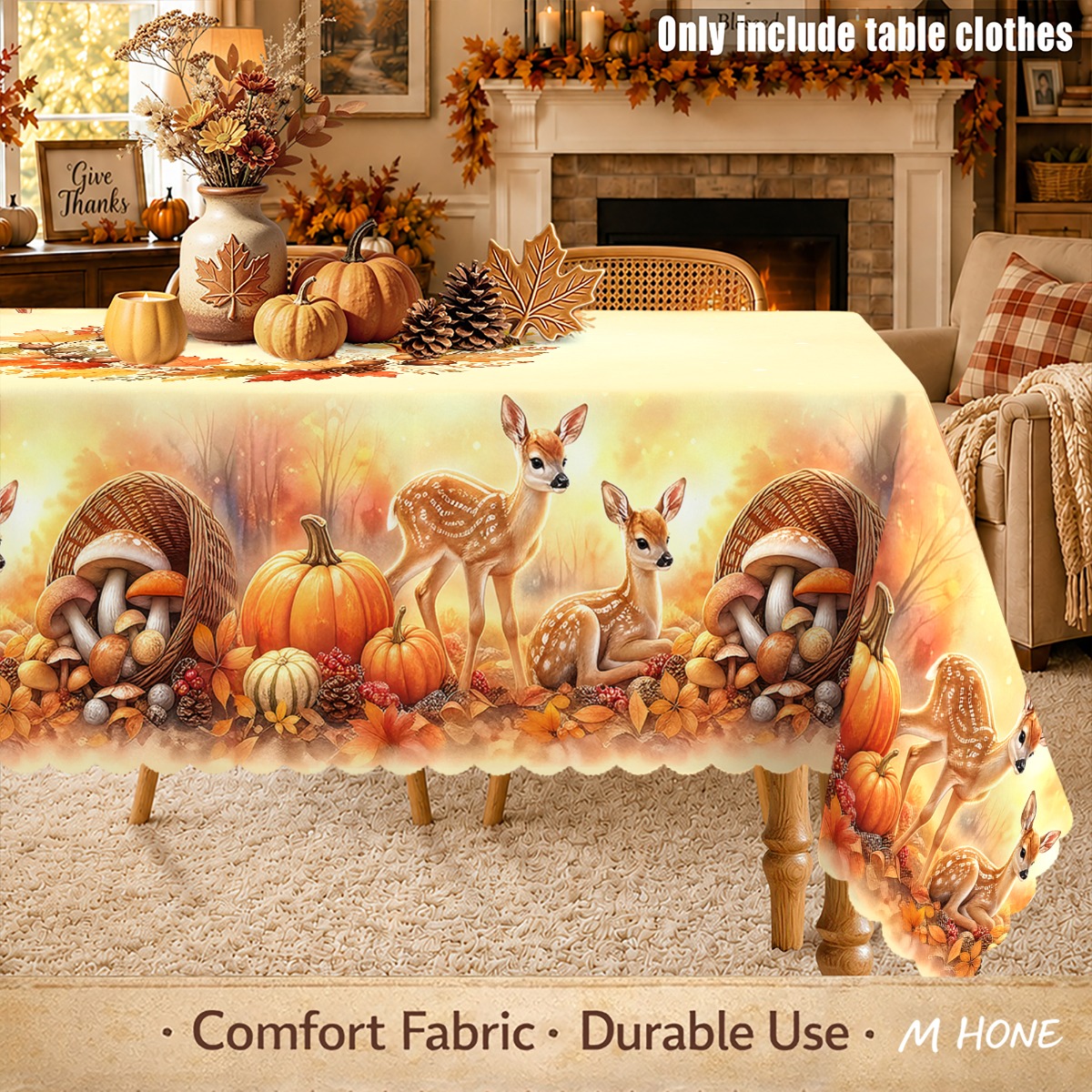 TEMU 1pc Autumn Thanksgiving Theme Party Tablecloth, Warm Orange Gradient Background Forest Deer Mushroom Pumpkin Falling Leaves Basket Pattern